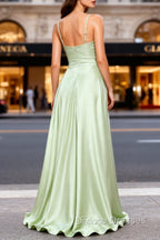 Dusty Sage A Line Cowl Neck Satin Long Formal Prom Dress with Pleated