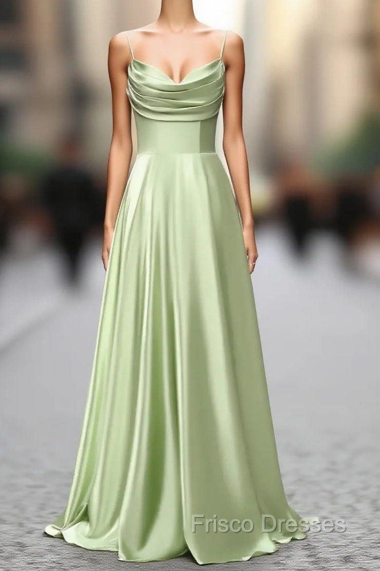 Dusty Sage A Line Cowl Neck Satin Long Formal Prom Dress with Pleated Main image