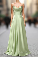 Dusty Sage A Line Cowl Neck Satin Long Formal Prom Dress with Pleated
