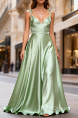 Dusty Sage Classy Satin Long Formal Prom Dress with Pleated