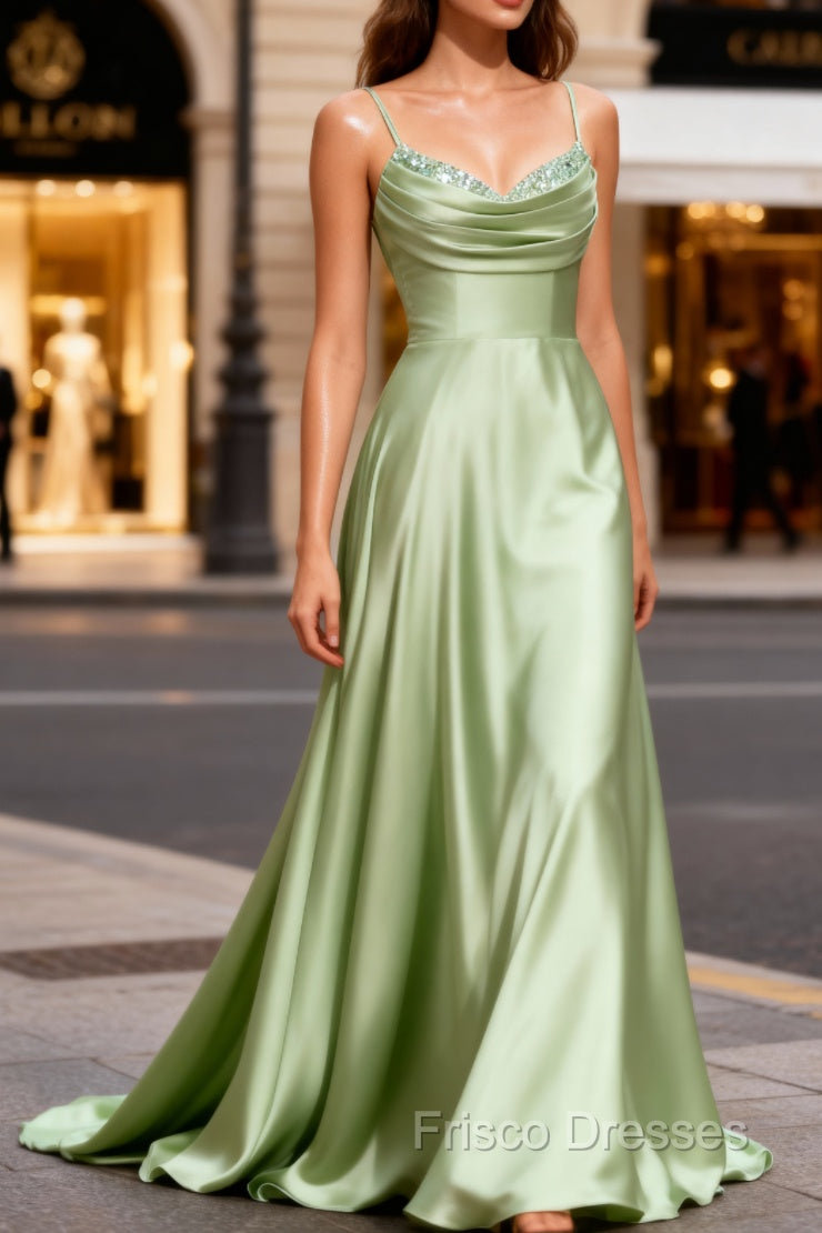 Dusty Sage Classy Satin Long Formal Prom Dress with Pleated Main image
