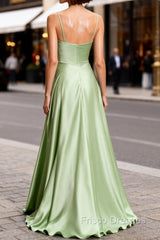 Dusty Sage Cute Satin Long Formal Prom Dress with Pleated