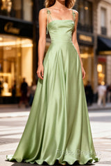 Dusty Sage Cute Satin Long Formal Prom Dress with Pleated