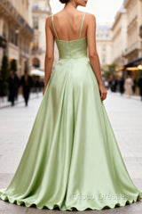 Dusty Sage Elegant Satin Long Formal Prom Dress with Pleated