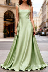 Dusty Sage Elegant Satin Long Formal Prom Dress with Pleated