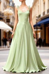 Dusty Sage Elegant Satin Long Formal Prom Dress with Pleated