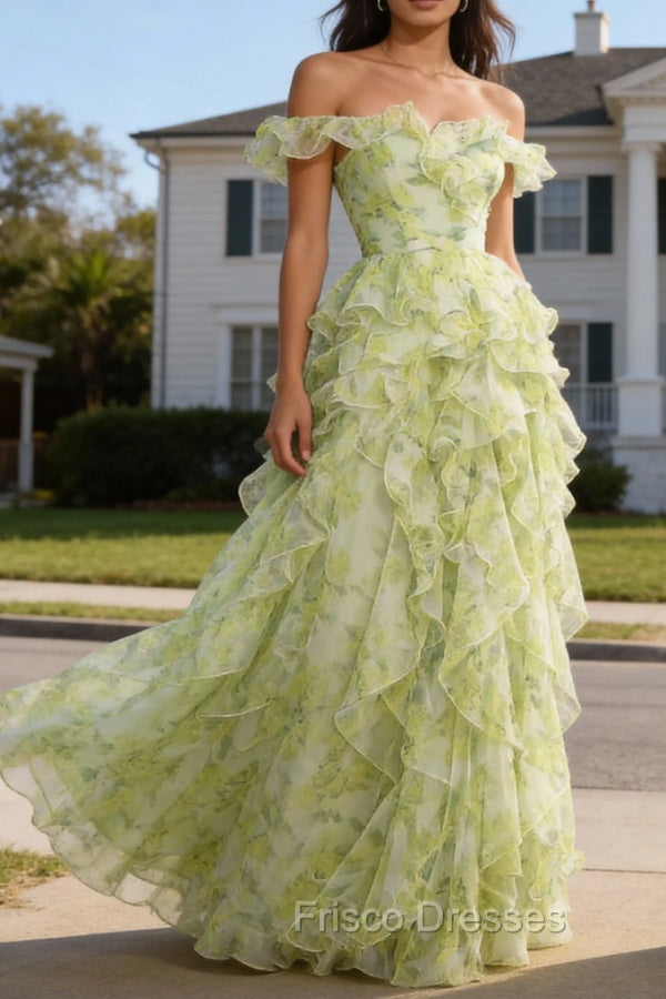 Dusty Sage Floral Ruffled A-Line Square Neck Long Prom Dress