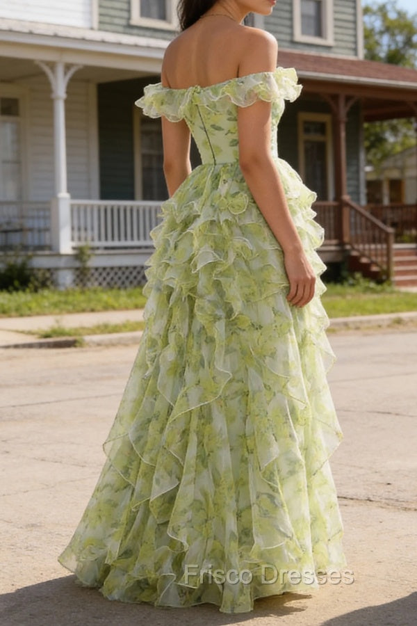 Dusty Sage Floral Ruffled A-Line Square Neck Long Prom Dress