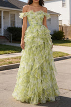 Dusty Sage Floral Ruffled A-Line Square Neck Long Prom Dress