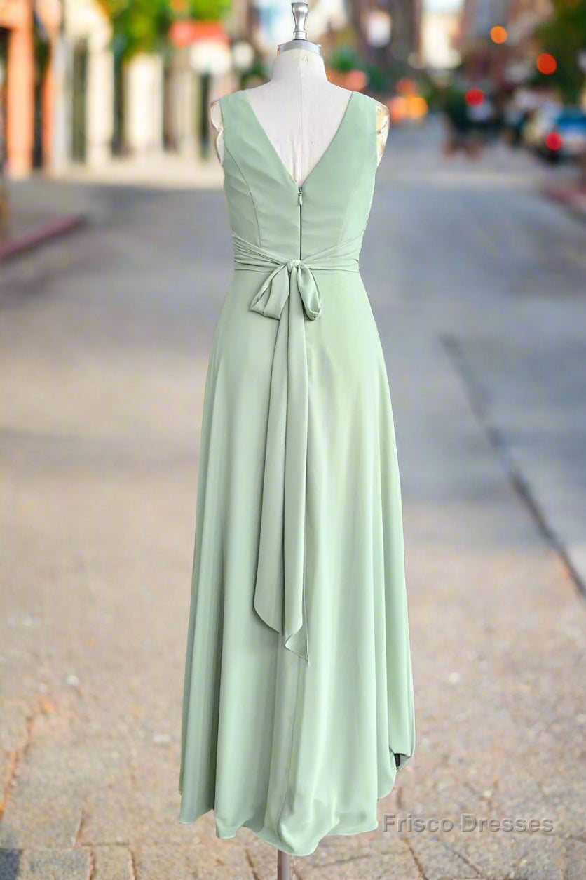 Dusty Sage Green  A-Line Spaghetti Straps Pleated Chiffon Bridesmaid Dress With Bow