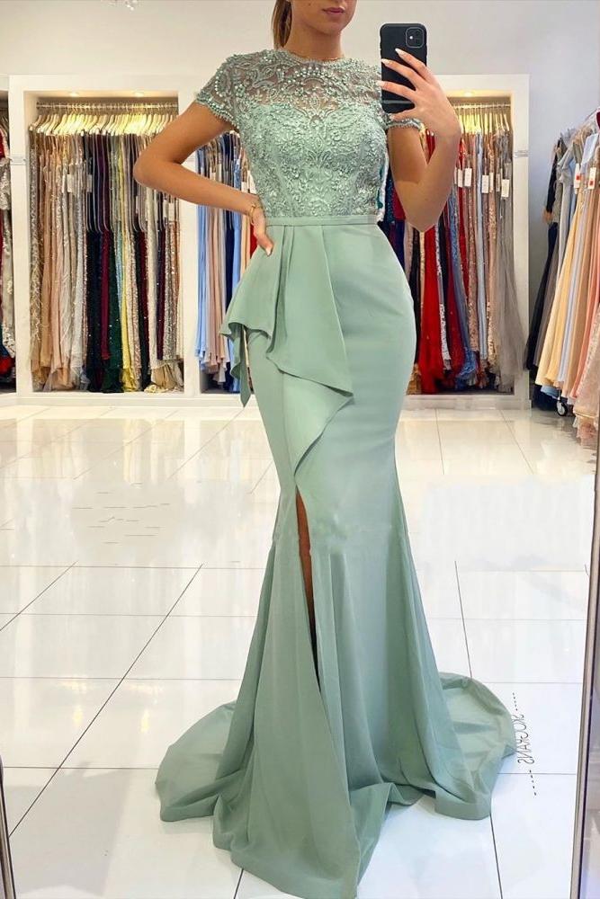 Dusty Sage High Neck Lace Column Long Buttons Split Short Sleeves Evening Dress Secondary image