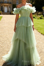 Dusty Sage Off The Shoulder A Line Ruffle Long Prom Dress