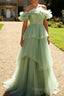 Dusty Sage Off The Shoulder A Line Ruffle Long Prom Dress