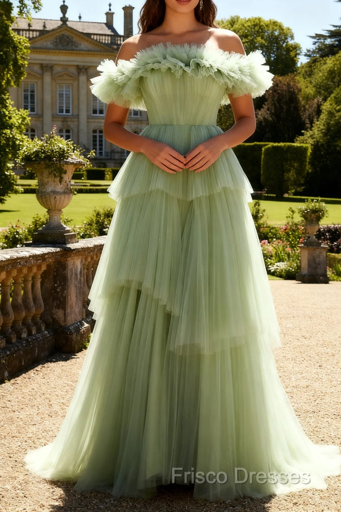 Dusty Sage Off The Shoulder A Line Ruffle Long Prom Dress