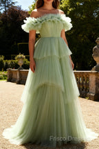 Dusty Sage Off The Shoulder A Line Ruffle Long Prom Dress
