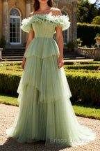 Dusty Sage Off The Shoulder A Line Ruffle Long Prom Dress