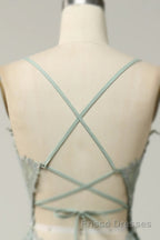 Dusty Sage Formal Prom Dresses Plunging V Neck Appliques Lace-Up A-line Long Evening Gown