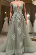 Dusty Sage Formal Prom Dresses Plunging V Neck Appliques Lace-Up A-line Long Evening Gown
