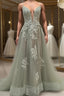 Dusty Sage Formal Prom Dresses Plunging V Neck Appliques Lace-Up A-line Long Evening Gown