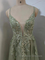 Dusty Sage Formal Prom Dresses Plunging V Neck Appliques Lace-Up A-line Long Evening Gown