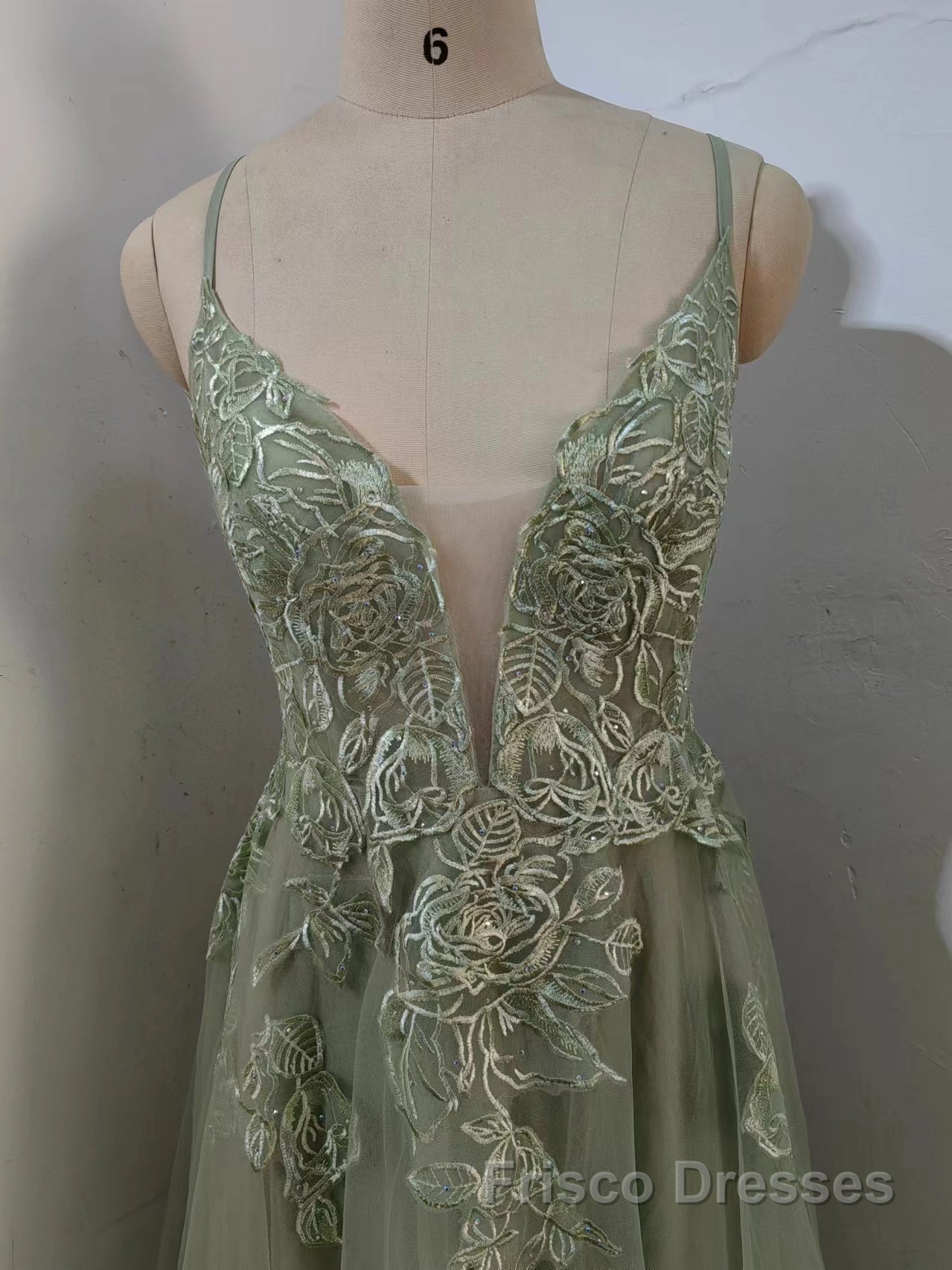 Dusty Sage Formal Prom Dresses Plunging V Neck Appliques Lace-Up A-line Long Evening Gown