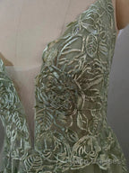Dusty Sage Formal Prom Dresses Plunging V Neck Appliques Lace-Up A-line Long Evening Gown