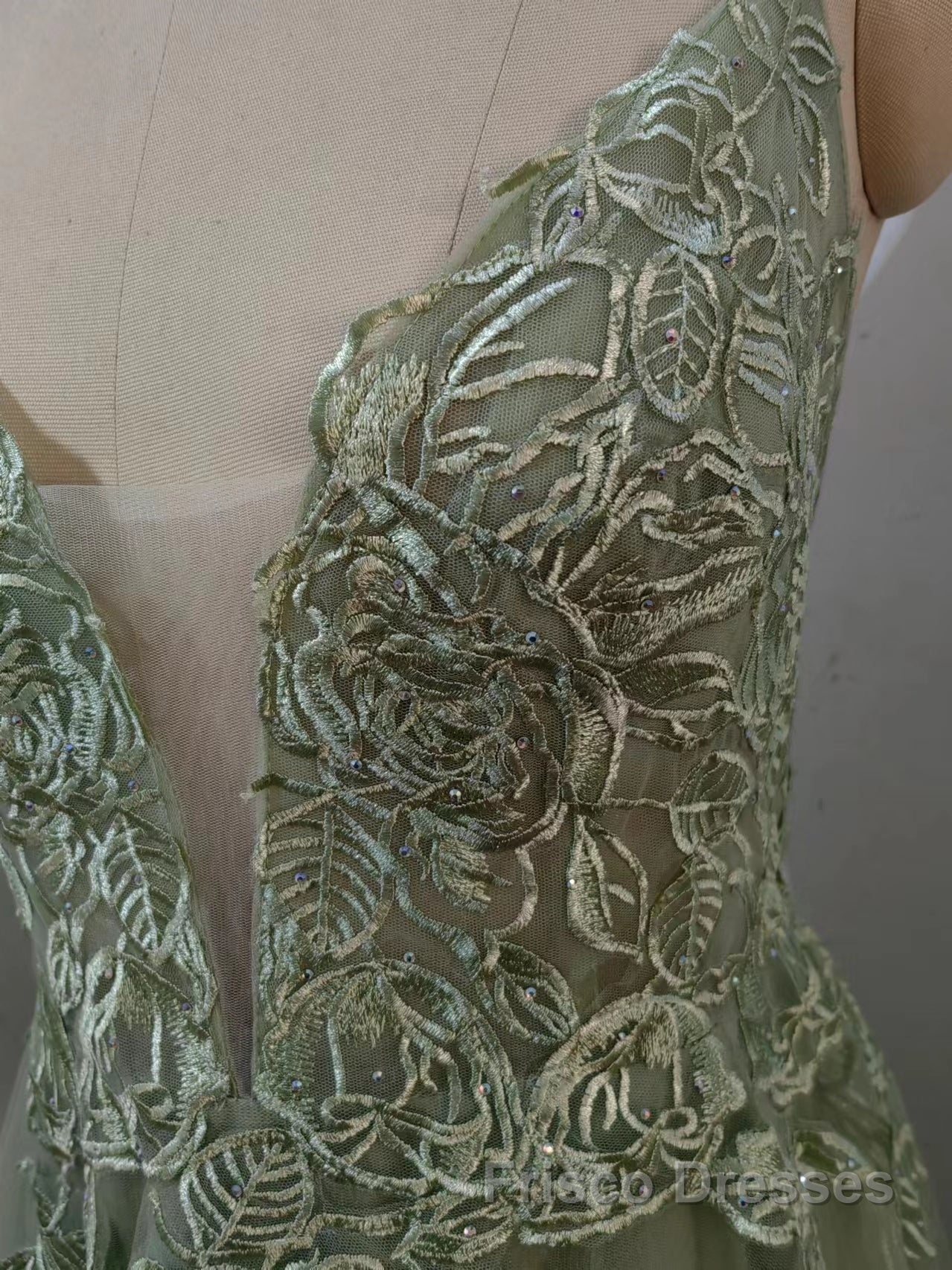 Dusty Sage Formal Prom Dresses Plunging V Neck Appliques Lace-Up A-line Long Evening Gown