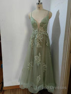 Dusty Sage Formal Prom Dresses Plunging V Neck Appliques Lace-Up A-line Long Evening Gown