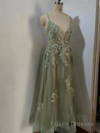 Dusty Sage Formal Prom Dresses Plunging V Neck Appliques Lace-Up A-line Long Evening Gown
