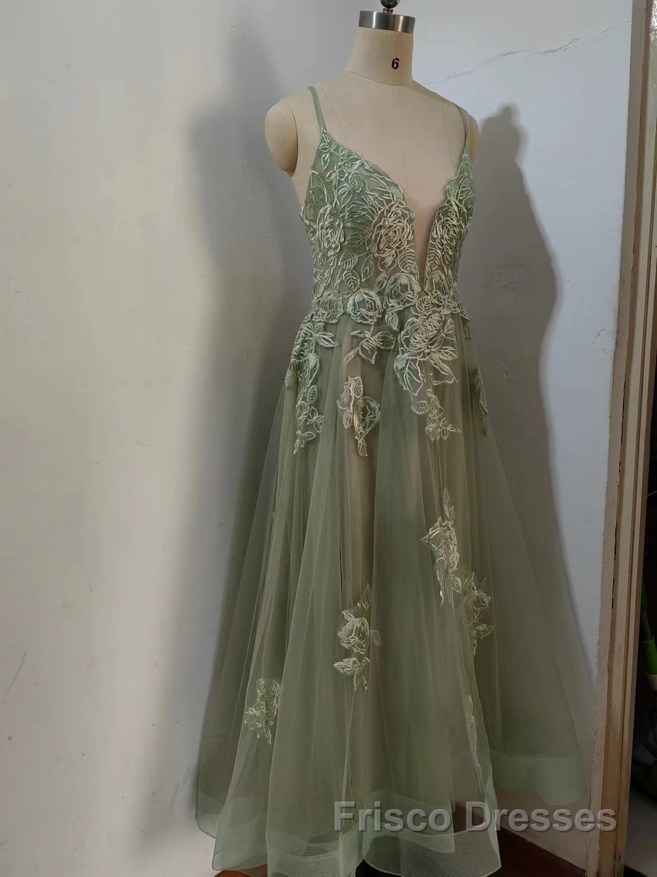 Dusty Sage Formal Prom Dresses Plunging V Neck Appliques Lace-Up A-line Long Evening Gown