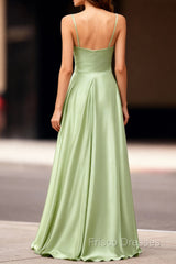 Dusty Sage Satin Long Classy Formal Prom Dress with Pleated