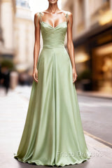 Dusty Sage Satin Long Classy Formal Prom Dress with Pleated