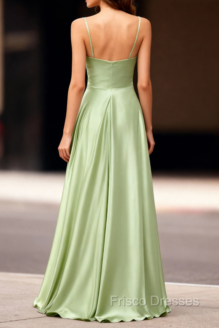 Dusty Sage Unique Satin Long Formal Prom Dress with Pleated Secondary image