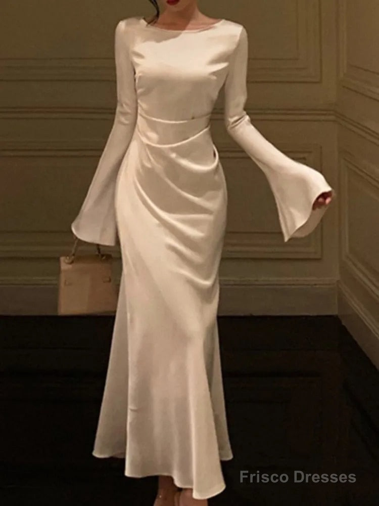 Elegant Solid Midi Dress Women Flare Sleeve Slim Mermaid Spring New French Vintage Wedding Party Dress Main image