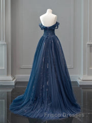 A-Line Off Shoulder Tulle Lace Dark Blue Long Formal Prom Dress, Dark Blue Long Evening Dress