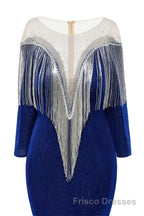 Deep V-neck Shiny Royal Blue Long sleeves Mermaid Formal Prom Dresses