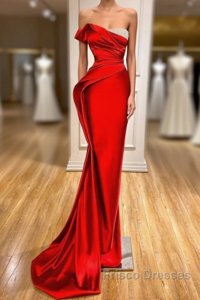 Strapless Red Mermaid Formal Prom Dress With Beads