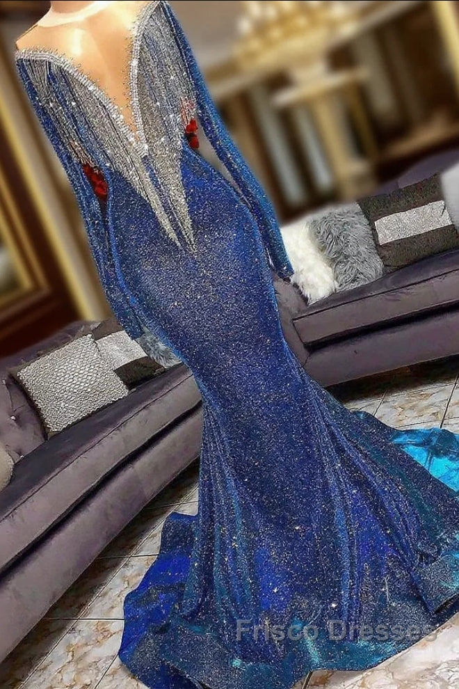 Luxurious long Sequins Mermaid V-neck Formal Prom Dress with Sleeves Main image
