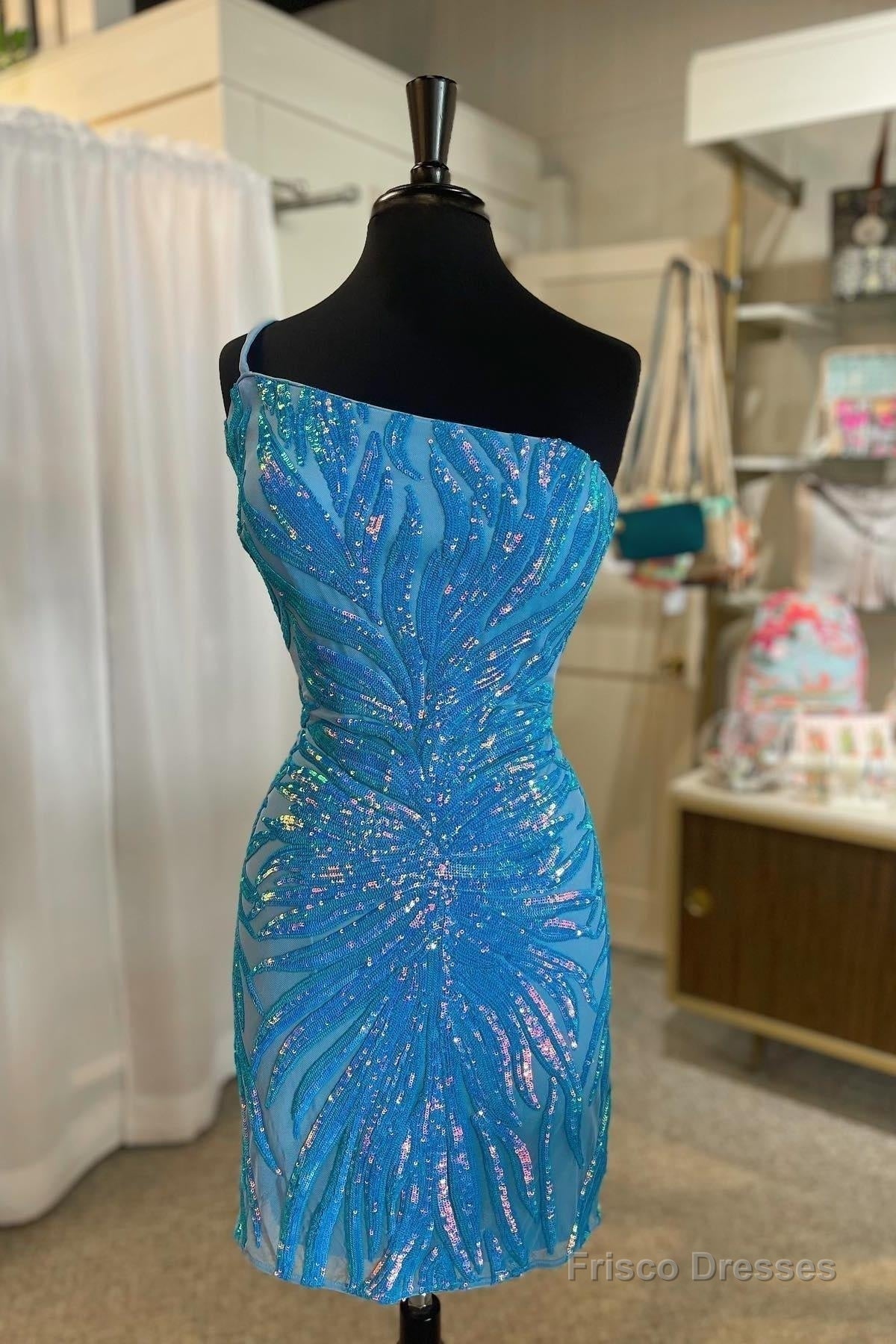 Blue One Shoulder Sequined Sheath Homecoming Dress Main image