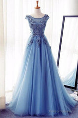 Appliques Lace Up Capped Sleeves A-Line/Princess Tulle 2025 Blue Prom Dresses