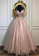 Pink Lace Long Prom Dresses, A-Line Evening Dresses