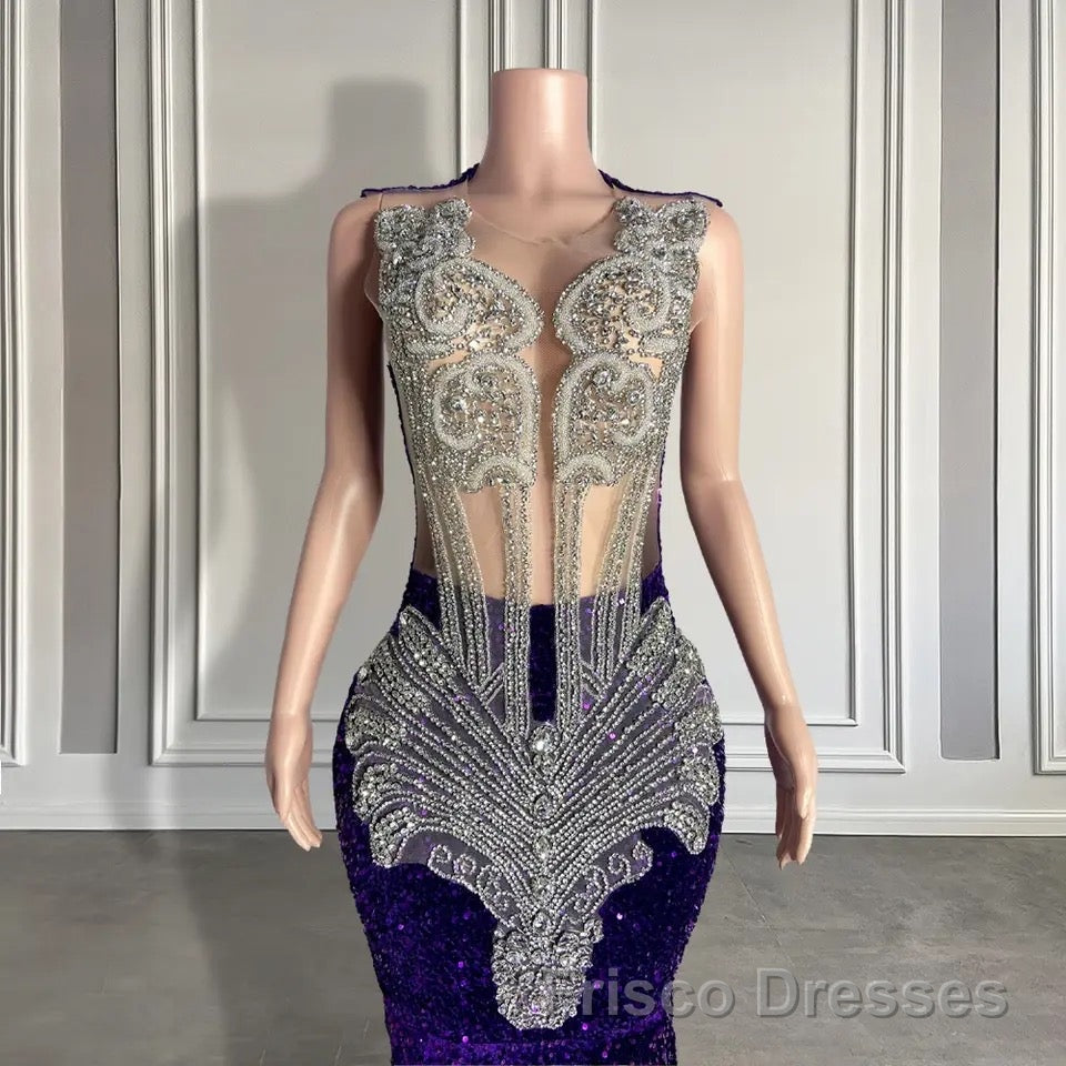 Sequined Sleeveless Mermaid Formal Prom Dresses with Beadings