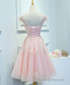 Pink Lace Tulle Short Formal Prom Dress, Pink Evening Dress