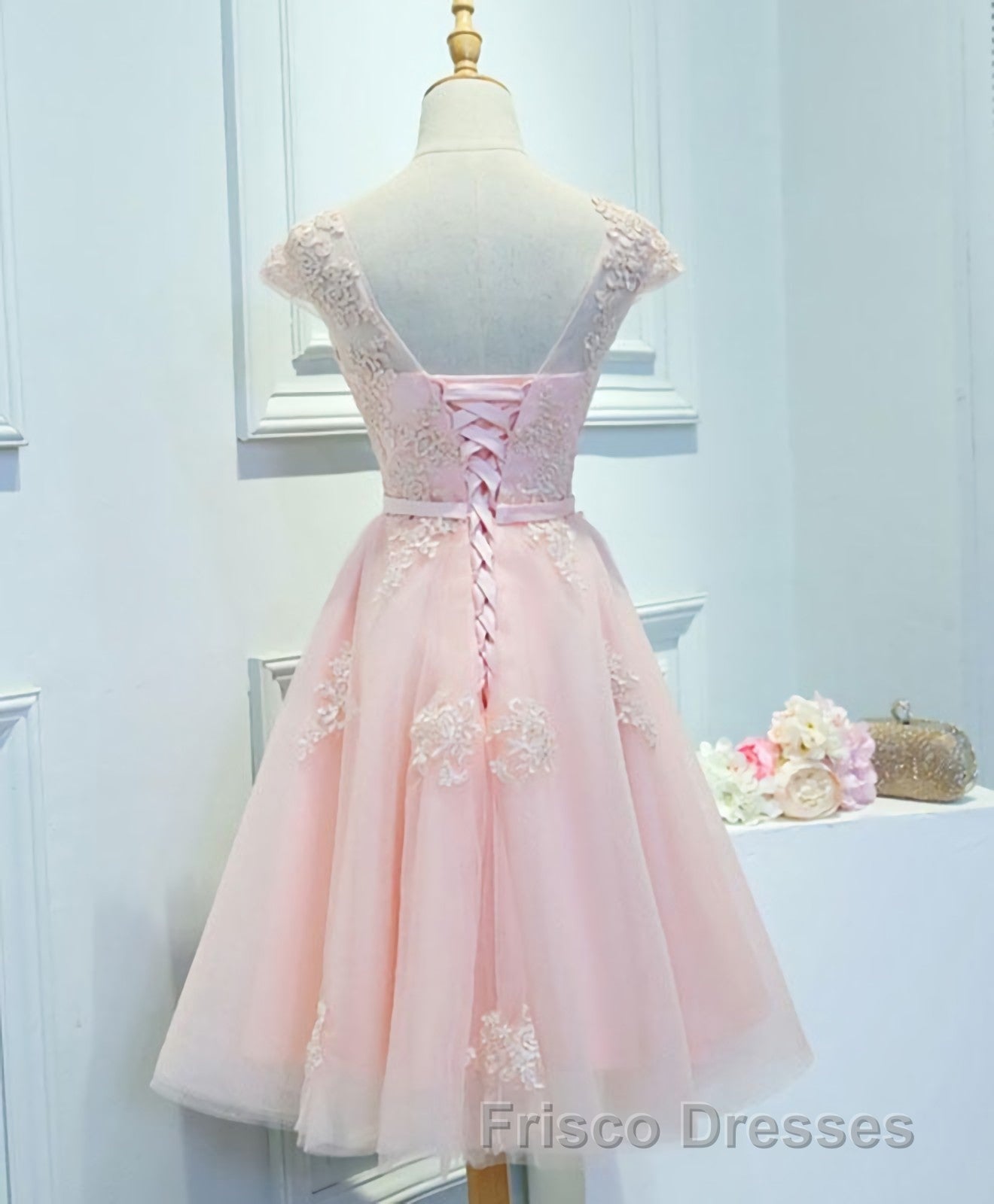 Pink Lace Tulle Short Formal Prom Dress, Pink Evening Dress