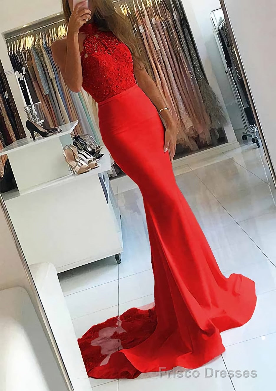 Elastic Satin Court Train Trumpet/Mermaid Sleeveless Halter Covered Button Prom Dresses With Beaded