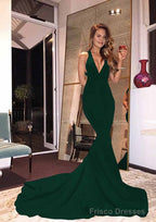 Elastic Satin Court Train Trumpet/Mermaid Sleeveless V-Neck Zipper Prom Dresses