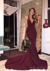 Elastic Satin Court Train Trumpet/Mermaid Sleeveless V-Neck Zipper Prom Dresses
