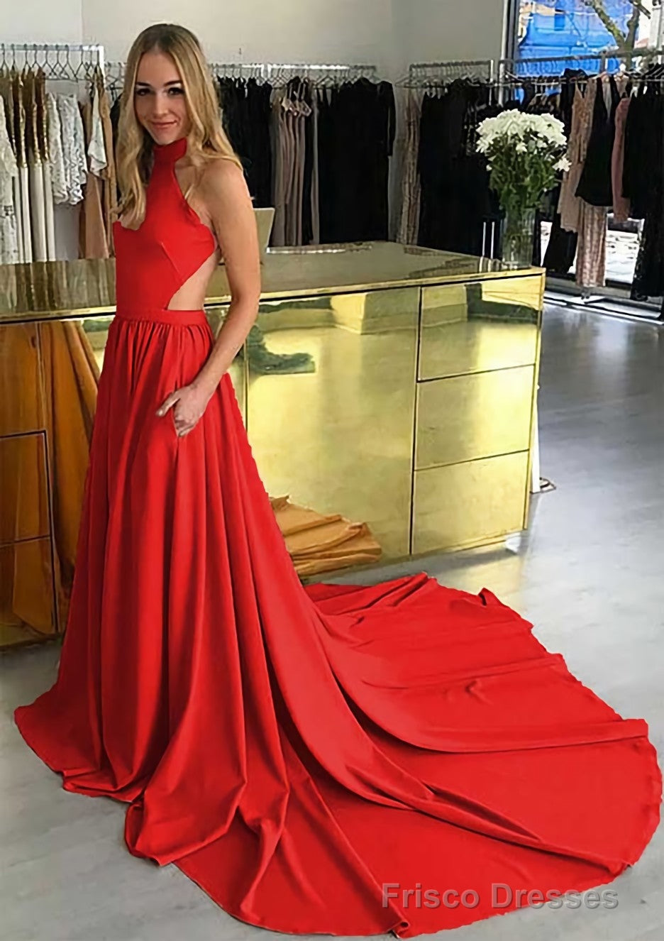 Elastic Satin Prom Dresses A-Line/Princess High-Neck Chapel Train With Pleated