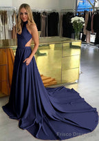 Elastic Satin Prom Dresses A-Line/Princess High-Neck Chapel Train With Pleated