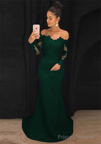 Elastic Satin Prom Dresses Sheath/Column Off-The-Shoulder Court Train With Lace